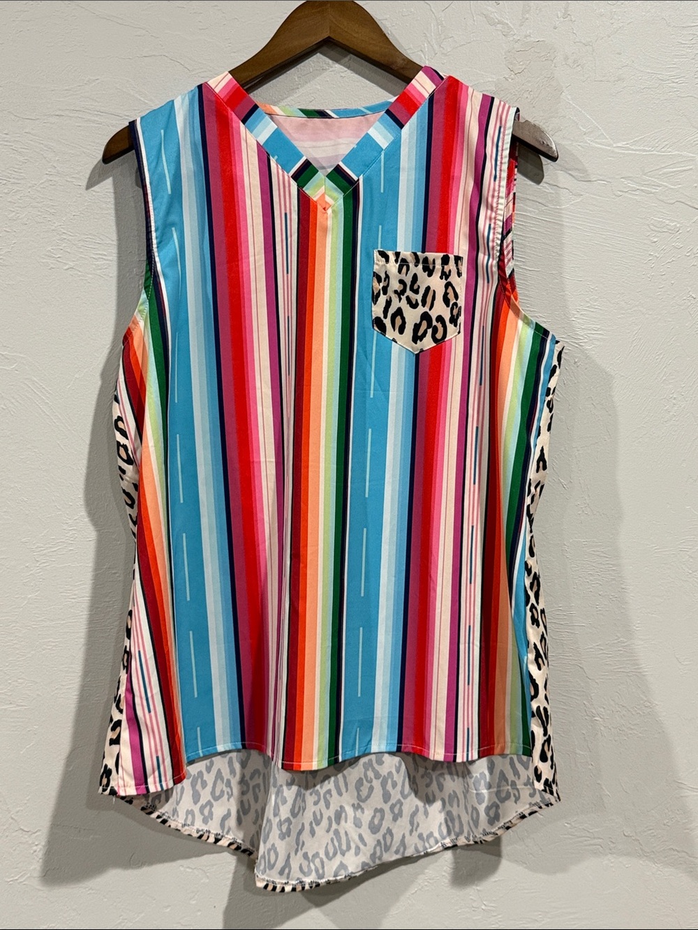 Plus Size 2XL Serape Stripe & Leopard Patchwork V-Neck Tank Top